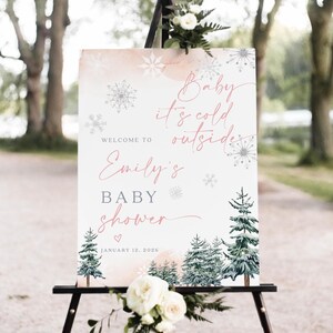 May include: A baby shower sign on an easel with the text "Baby it's cold outside" and "Welcome to Emily's Baby Shower". The sign has a winter theme with snowflakes and evergreen trees. The date is January 12, 2026.