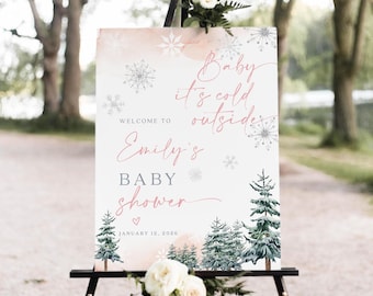 Winter Baby Shower Welcome Sign Template: Baby It’s Cold Outside, Pink Snowflakes, Pine Trees