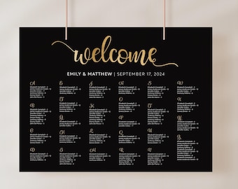 Black and Gold Wedding Seating Chart Template: Alphabetical Seating Sign  #bgd025