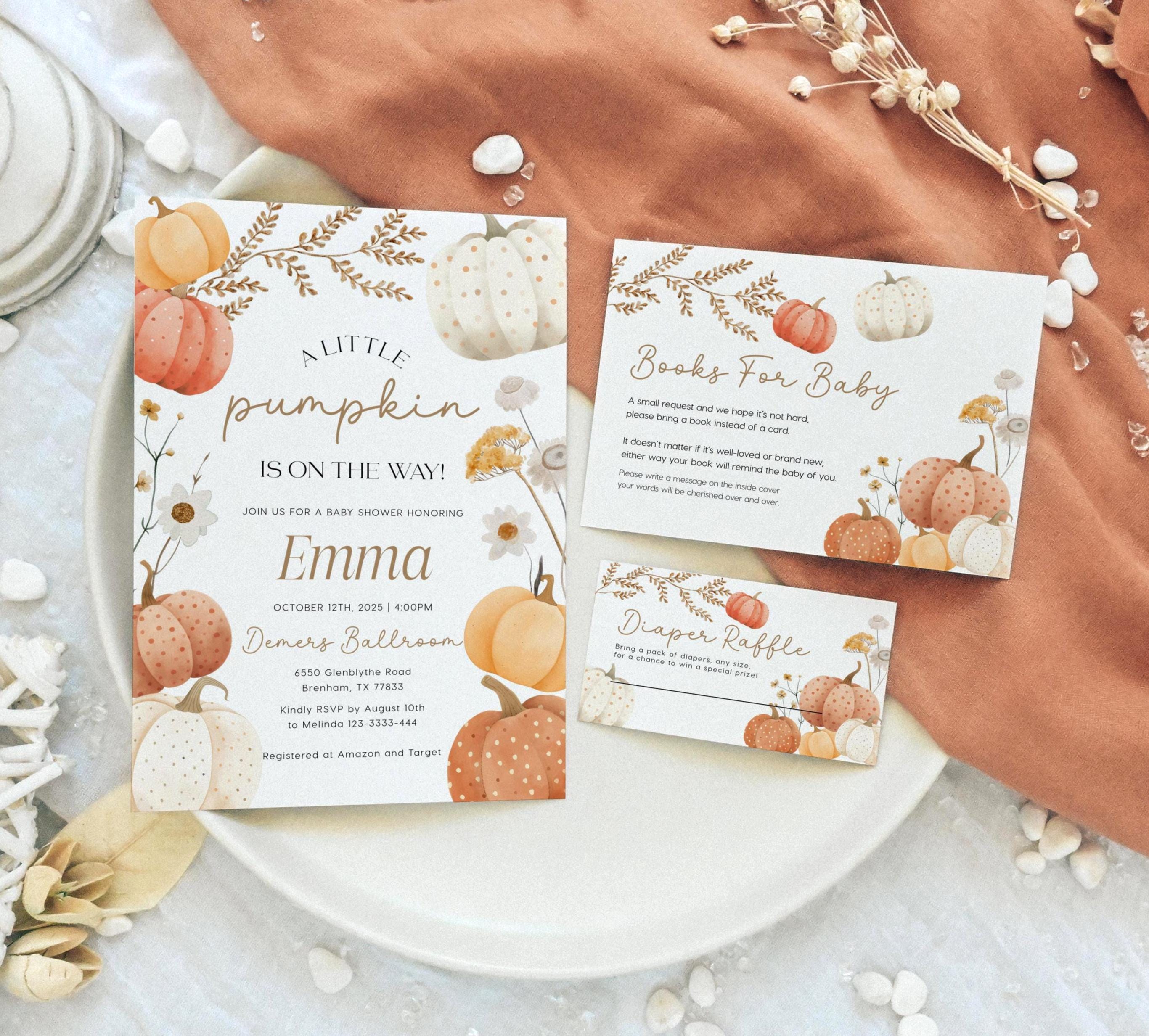 Pumpkin Baby Shower Invitation Set: Fall Shower Theme #pmw025