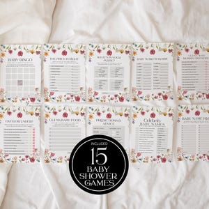 Lot de jeux floraux pour baby shower | Modèles de cartes de jeux | Jeu de bingo, Jeux de mots, Qui connaît maman le mieux, Prédictions pour bébé #viona