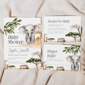 Elefant Babypartyeinladung | Safari-Babyparty-Paket | Einladung Vorlage | Windel-Verlosungslos-Karte | Bücher für Baby Karte #saf25