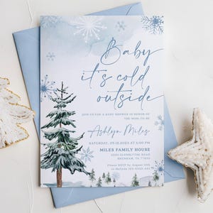 Baby It's Cold Outside uitnodiging, Winter babyshower uitnodigingssjabloon, Sneeuwvlok en dennenboom #blueww afbeelding 6