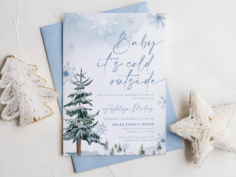 Baby It's Cold Outside uitnodiging, Winter babyshower uitnodigingssjabloon, Sneeuwvlok en dennenboom #blueww afbeelding 6