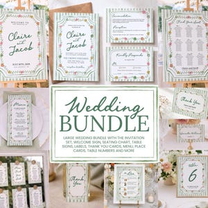 Wedding Bundle, Green Striped Floral Invitation Set, Editable Wedding Templates, Welcome sign, Menu, Table Signs, Seating Chart #gfl26