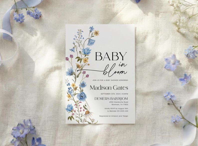 Watercolor blue delphinium and yellow wildflower border framing modern sans-serif typography on a white background.