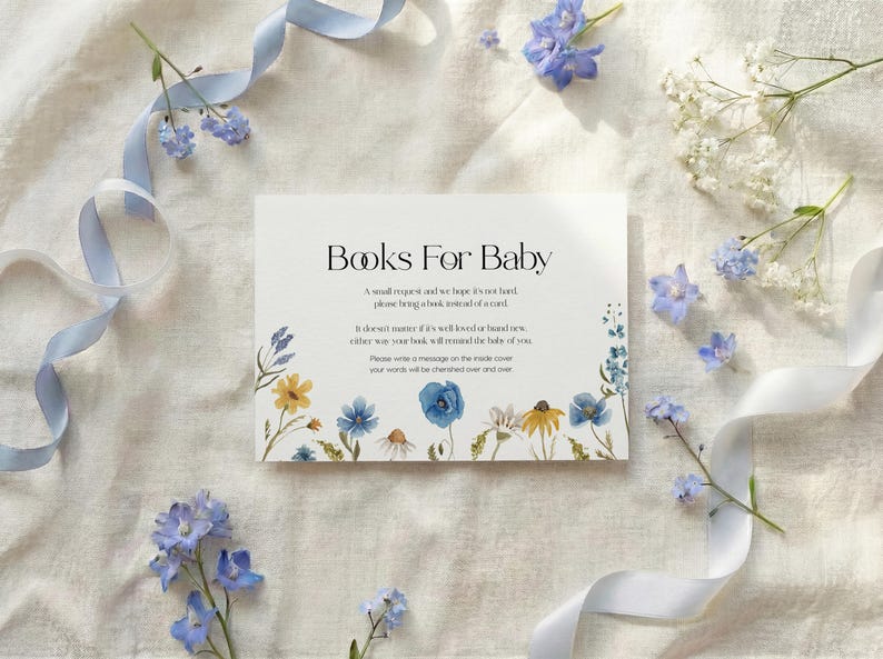 Minimalist white card with "Books For Baby" header and small wildflower meadow illustration at the bottom.