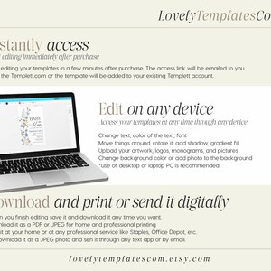 May include: A laptop displays a baby shower invitation template. The image includes the text "Instantly access", "Edit on any device", and "Download and print or send it digitally". The website address lovelytemplatescom.etsy.com is also visible.