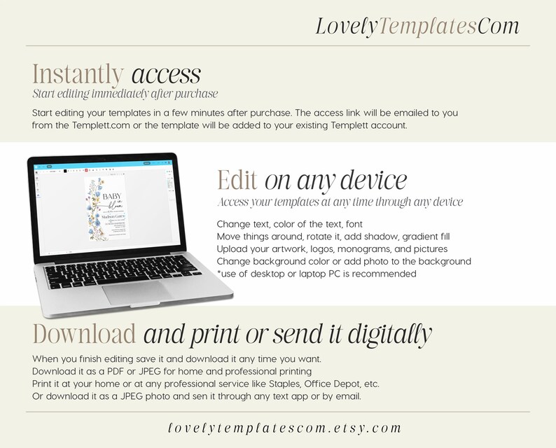 May include: A laptop displays a baby shower invitation template. The image includes the text "Instantly access", "Edit on any device", and "Download and print or send it digitally". The website address lovelytemplatescom.etsy.com is also visible.