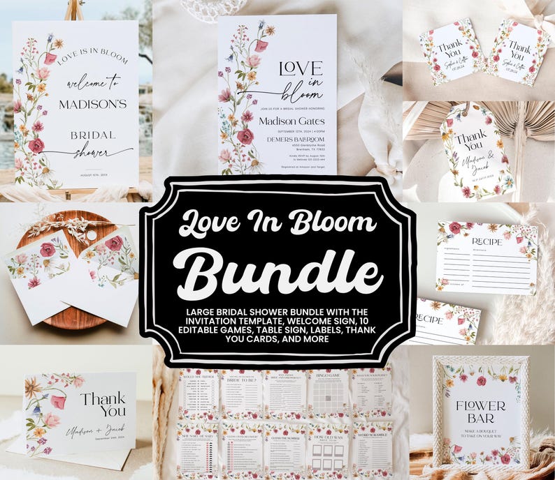 Love In Bloom Bridal Shower Bundle: Invitation, Games, Welcome Sign Templates (Digital Download) #viona image 1