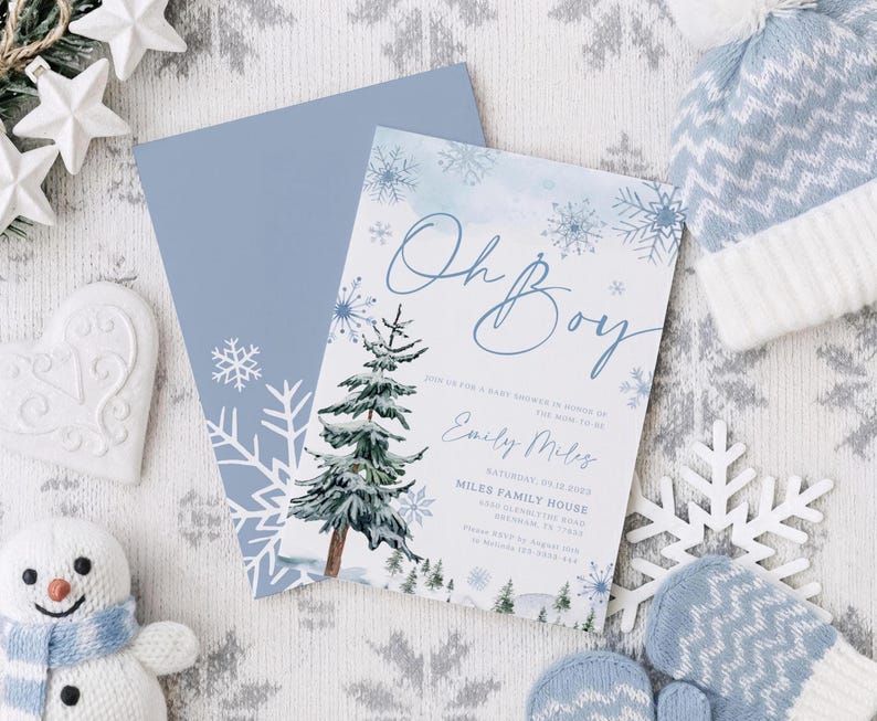 May include: A rectangular baby shower invitation card featuring a watercolor illustration of a pine tree and blue snowflakes. The text reads Oh Boy, join us for a baby shower in honor of the mom to be, Emily Miles, Saturday, 09.12.2023, Miles Family House.