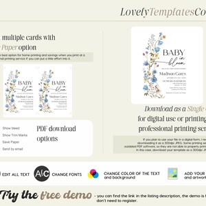 May include: A digital template for a baby shower invitation with the words "Baby in Bloom" and floral accents. The design includes options for multiple cards with a "Save Paper" option and a single card download.