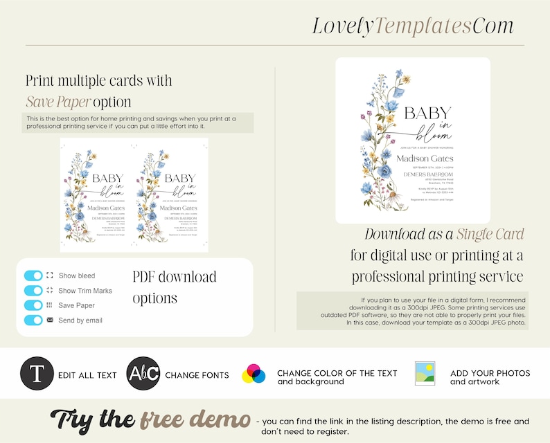 May include: A digital template for a baby shower invitation with the words "Baby in Bloom" and floral accents. The design includes options for multiple cards with a "Save Paper" option and a single card download.