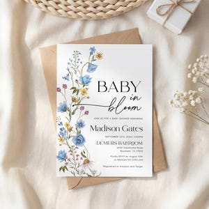 Blue Wildflower Baby Shower Invitation Set: Baby in Bloom Invite, Editable Templates Bundle #bl026 image 5