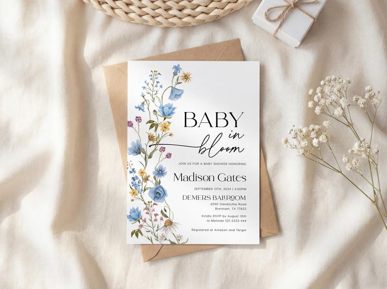 Blue Wildflower Baby Shower Invitation Set: Baby in Bloom Invite, Editable Templates Bundle #bl026 image 5