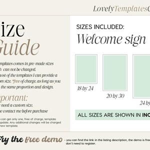 May include: A size guide for a welcome sign template, showing three different sizes: 18 by 24 inches, 20 by 30 inches, and 24 by 36 inches. The text "All sizes are shown in inches" is also included.