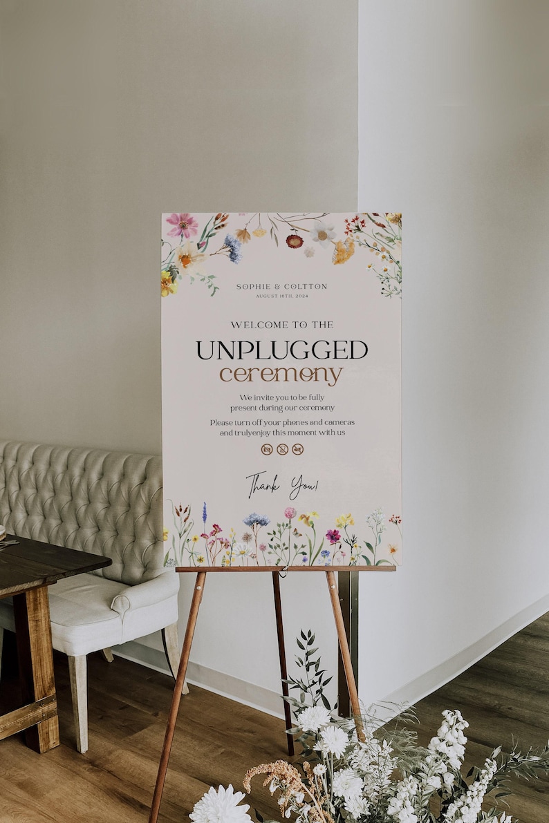 Floral Unplugged Wedding Sign: Boho Wildflower Ceremony (Template) #amara image 1