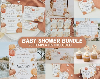 May include: A baby shower bundle with 25 templates, featuring pumpkin and floral designs. Includes invitations, signs, thank you cards, and a calendar. The text includes "Baby Shower Bundle", "A Little Pumpkin", and "Thank You".