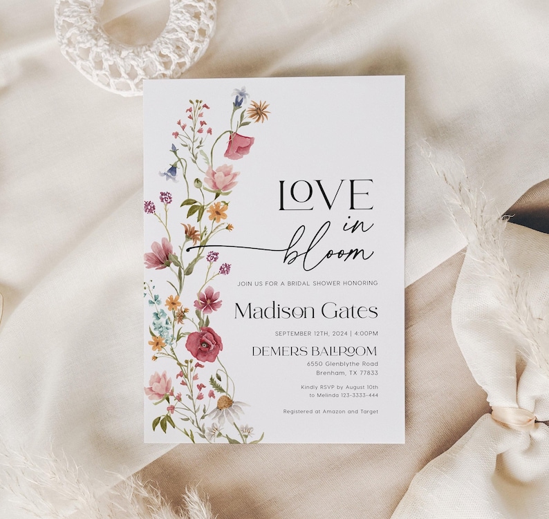 Editable Love in Bloom bridal shower invitation template with watercolor wildflowers, soft garden florals, and elegant script typography.