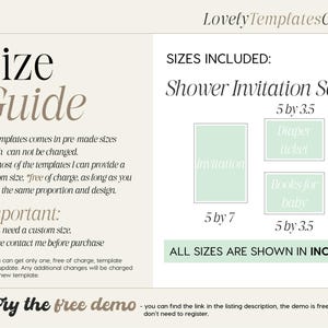 May include: A size guide for a shower invitation set, with dimensions in inches. The guide includes sizes for invitations, diaper tickets, and books for baby. Text on the guide includes "Size Guide" and "LovelyTemplatesCom".