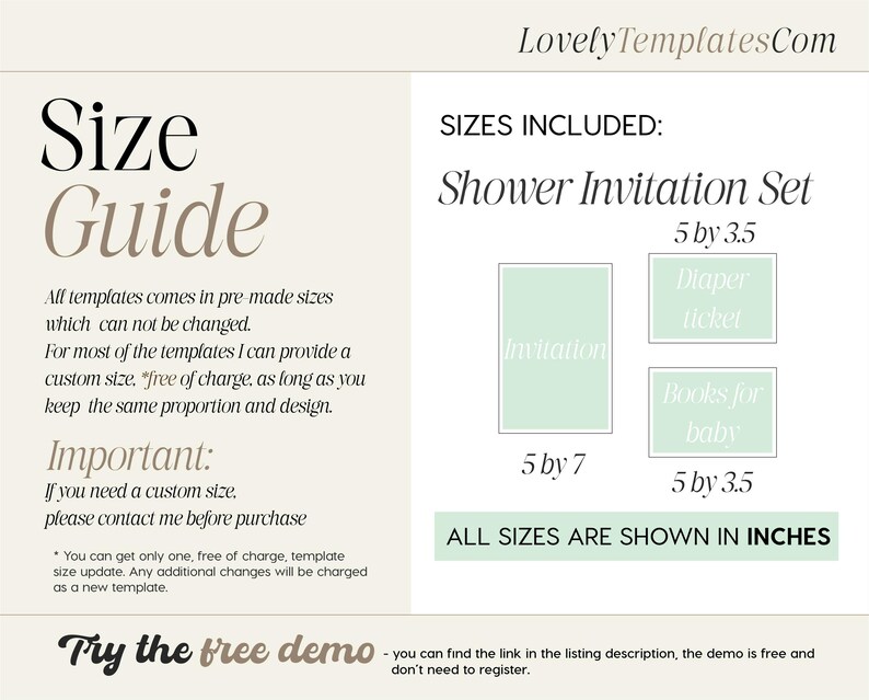 May include: A size guide for a shower invitation set, with dimensions in inches. The guide includes sizes for invitations, diaper tickets, and books for baby. Text on the guide includes "Size Guide" and "LovelyTemplatesCom".