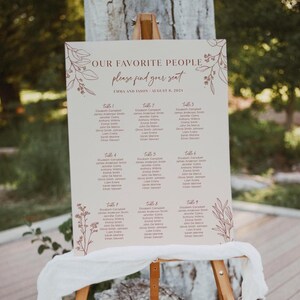 Pode incluir: Um quadro de assentos de casamento creme em um cavalete. O sinal diz "OUR FAVORITE PEOPLE, please find your seat, Emma and Jason, August 8, 2024." Ilustrações florais e nomes de convidados são impressos em marrom suave.
