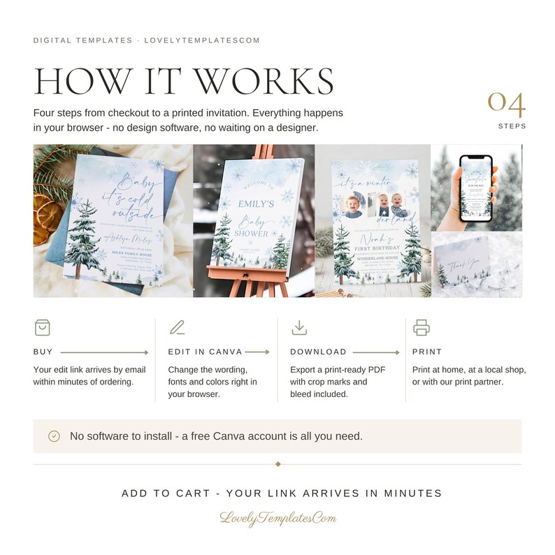 May include: An instructional graphic titled HOW IT WORKS detailing four steps for digital templates. It features images of winter-themed invitations with snowflake and pine tree illustrations, a smartphone display, and icons for buying, editing, downloading, and printing.