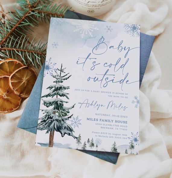 Baby Its Cold Outside invitation, Winter Baby Shower Invitation Template, Snowflake and Pine Tree  #blueww