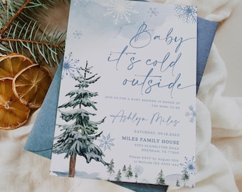 Baby Its Cold Outside invitation, Winter Baby Shower Invitation Template, Snowflake and Pine Tree  #blueww