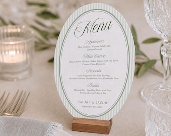 Oval Wedding Menu Template, Sage Green Striped Reception Dinner Menu Card, Editable Wedding Stationery #osg26
