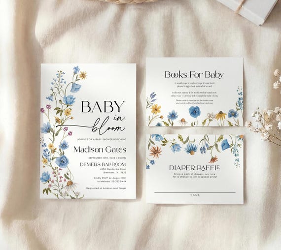 Blue Wildflower Baby Shower Invitation Set: Baby in Bloom Invite, Editable Templates Bundle #bl026