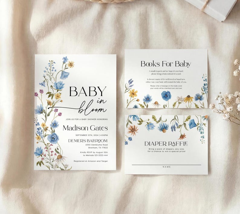 Blue Wildflower Baby Shower Invitation Set: Baby in Bloom Invite, Editable Templates Bundle #bl026 image 1