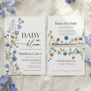 Watercolor blue delphinium and yellow wildflower border framing modern sans-serif typography on a white background.