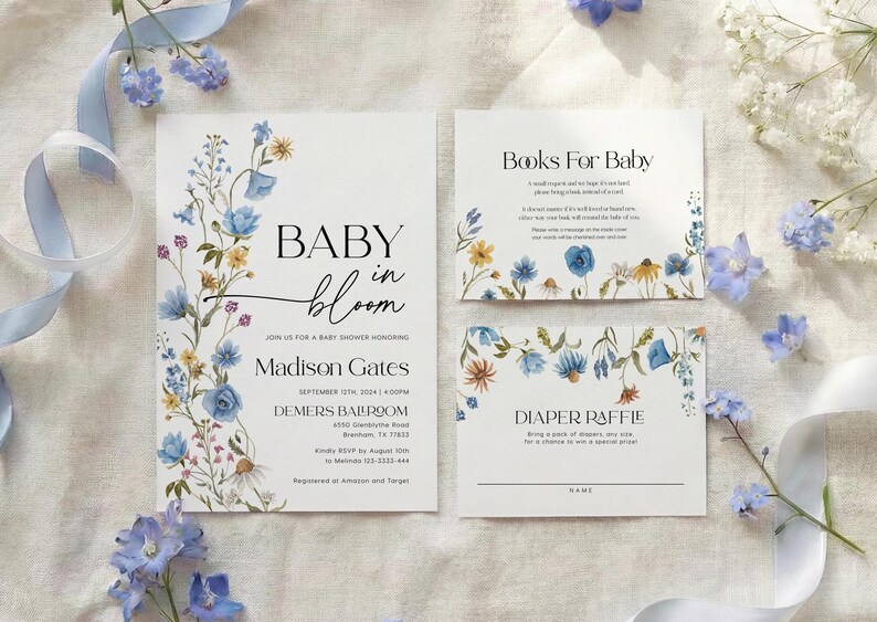 Watercolor blue delphinium and yellow wildflower border framing modern sans-serif typography on a white background.