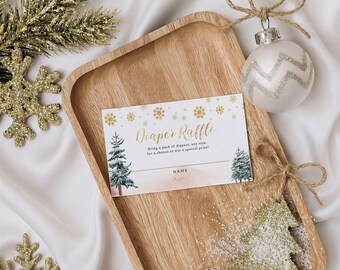 Boleto editable para rifa de pañales de invierno, inserto para baby shower con copo de nieve dorado, tarjeta de juego imprimible #ww026