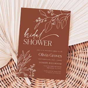 Plantilla de invitación para despedida de soltera en terracota / Invitación imprimible bohemia con arte floral blanco / Invitación editable para despedida de soltera de otoño #herbal