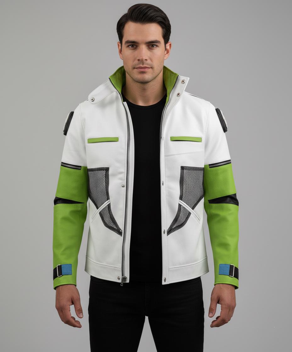 Apex Legends Crypto Jacket S03 | White Green Faux Leather Gaming Cosplay Attire | Stand Up Collar Gamer Gift