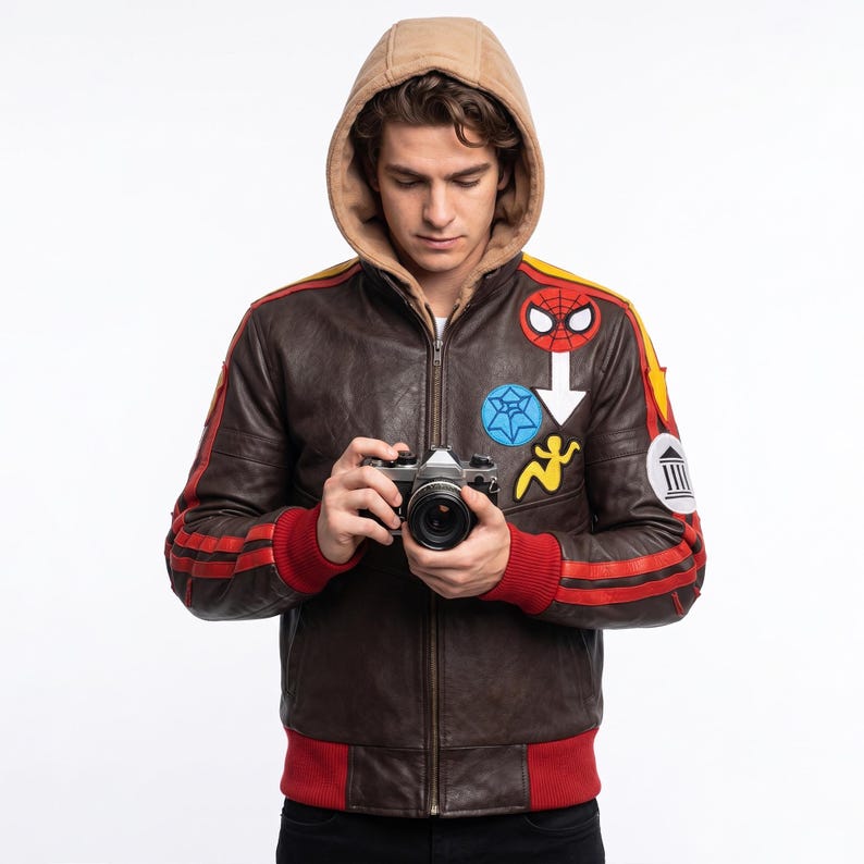 May include: A brown leather jacket with a tan hood, red ribbed cuffs and hem, and various patches including a Spider-Man mask, a blue web, a white arrow, a yellow silhouette, and a white circular patch with a building icon on the sleeve.