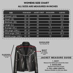 May include: A black leather jacket with a size chart in inches. The chart details measurements for bust, shoulders, and sleeves, with sizes ranging from XS to 4XL. The jacket is shown with measurement guides for bust, shoulder, and full arm length.