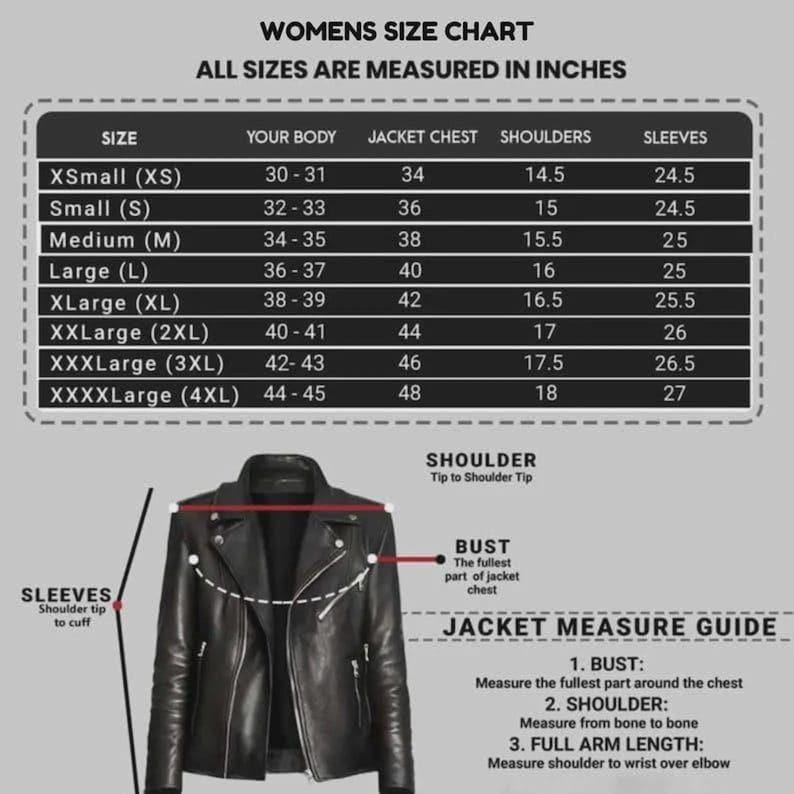 May include: A black leather jacket with a size chart in inches. The chart details measurements for bust, shoulders, and sleeves, with sizes ranging from XS to 4XL. The jacket is shown with measurement guides for bust, shoulder, and full arm length.