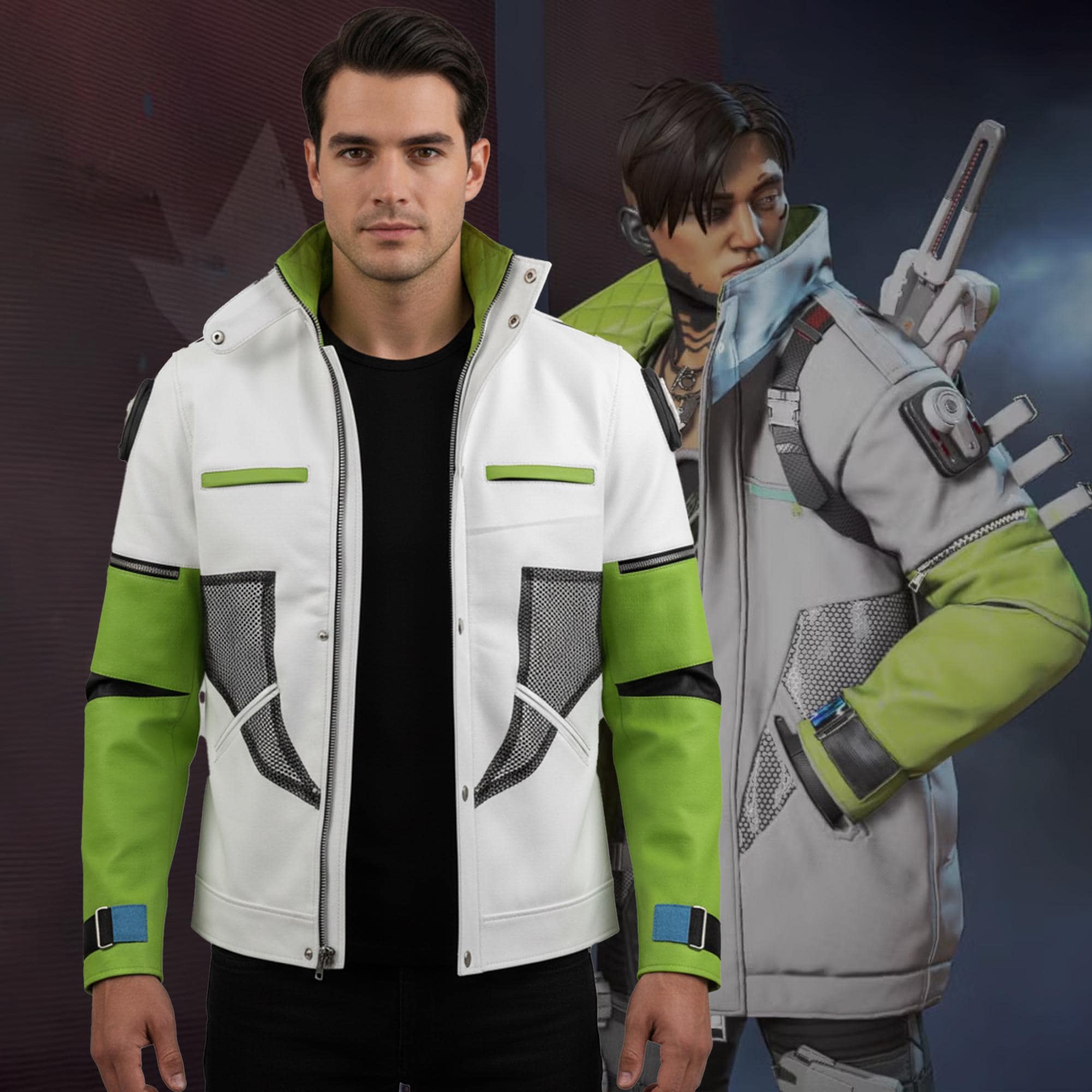 Apex Legends Crypto Jacket S03 | White Green Faux Leather Gaming Cosplay Attire | Stand Up Collar Gamer Gift