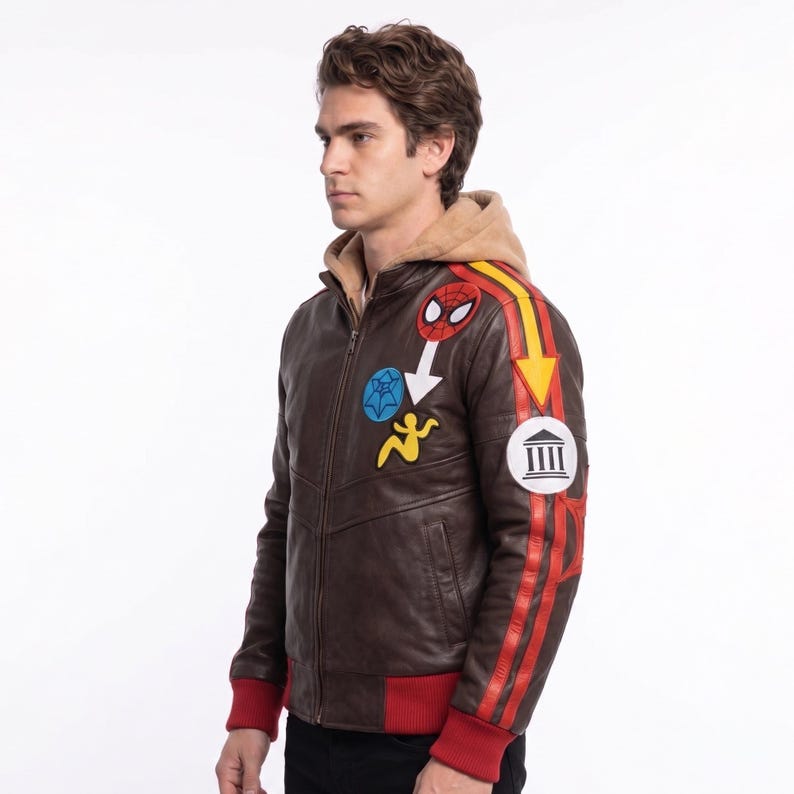 May include: A brown leather jacket with a tan hood, featuring a red ribbed hem and cuffs. The jacket is decorated with various patches, including a Spider-Man mask, a blue circular emblem, a yellow figure, and a white circular patch with a pillar icon.