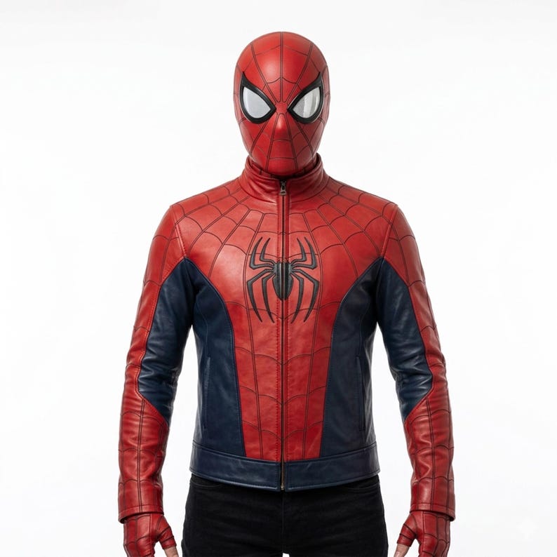 May include: A red and navy blue Spider-Man jacket and mask. The jacket has a black spider emblem and web pattern. The mask has white eye lenses. The jacket is made of leather-like material.