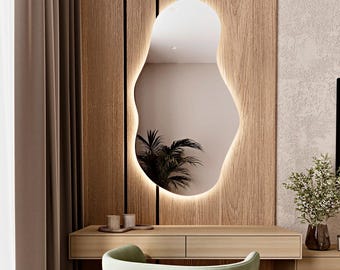 Irregular Asymmetrical Wavy LED Wall Mirror, Backlit Bathroom and Bedroom Vanity Mirror