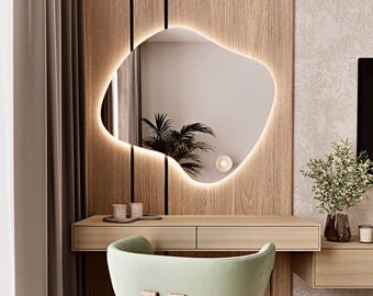 Irregular Asymmetrical LED Wall Mirror, Large Backlit Wavy Bathroom and Vanity Mirror
