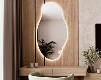 Asymmetrical Irregular Lighted LED Mirror, Backlit Bathroom Bedroom Vanity Wall Mirror
