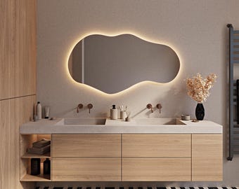 Wavy Led Bathroom Mirror, Wave Bedroom Makeup Mirror with Lighted, Irregular Wall Mirror, Asymmetrical LED Mirror, Large Led Mirror