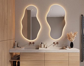 Led Lighted Irregular Mirror, Bathroom Mirror with Led Lights, Asymmetrical Lighting Mirror, Light Makeup Mirror, Backlit Large Wall Mirror