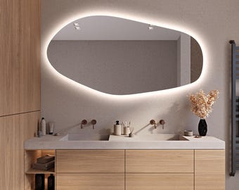 Large Bathroom Irregular LED Backlit Mirror, Asymmetrical Lighted Bedroom Mirror, LED Wall Mirror, Bathroom Vanity Mirror,Illuminated Mirror