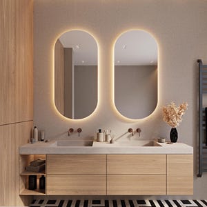 Oval Vanity Mirror with Led Lights, LED Bathroom Mirror, Asymmetrical Lighted Mirror, Illuminated Large Wall Mirror, Pill Shaped Mirror